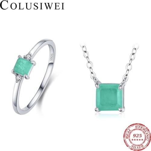 Colusiwei Real 100% 925 Sterling Silver Natural Paraiba Tourmaline 4 Prong Square Classic Jewelry Set for Women Necklace & Ring