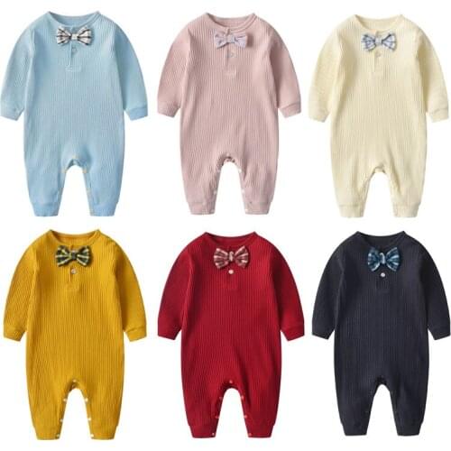 Baby Jumpsuits Knitted Spring/Autumn Rompers Long Sleeve Cotton Girls/Boys Jumper Pure Color Bow Tie Newborns Onesie