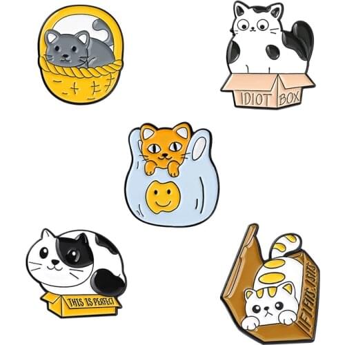 This is Perfect Cat Enamel Pins Fat Cat Box Basket Bag Brooches for Women Funny Animal Quote Lapel Pin Badge Jewelry Wholesale