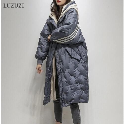 LUZUZI Blue Hooded Down Coat Female 2020 Winter New Loose Long Warm Down Jacket Korean Knitted Hat Fake Two Women Outwear