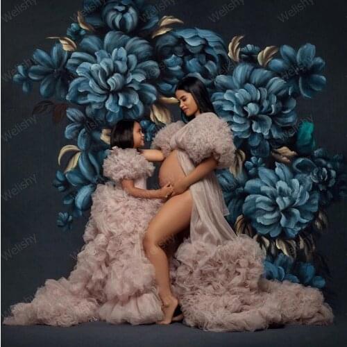 Custom Made Tiered Ruffle Tulle Dress Robe for Pregnant Mother And Puffy Tiered Ruffled Skirt Dress for Kids Mommy & Me Wear