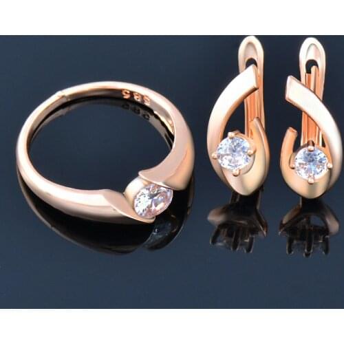 KIOOZOL Hot 585 Rose Gold Color Jewelry Sets Big Crystal Hollow Pattern Rings and Earrings For Women Jewelry Gifts 047 KO1