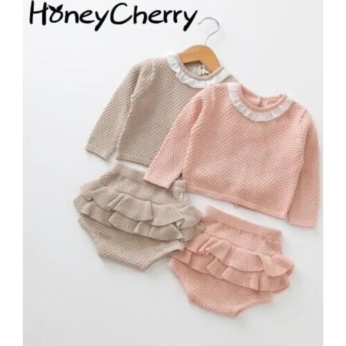 Baby Clothing Set Two Girls Suit Knit 0-2 Year Old Cotton Baby Long Sleeve Blouse + Lotus Leaf Shorts