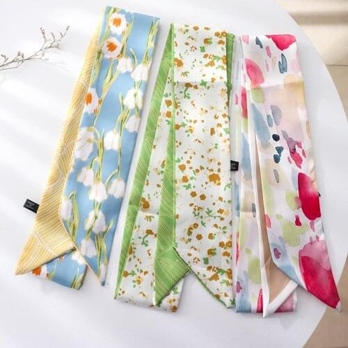 Summer Thin Long Small Silk Scarves Flower Hair Ribbon Tied Hair Decorative Scarf Tied Bag Scarf For Women