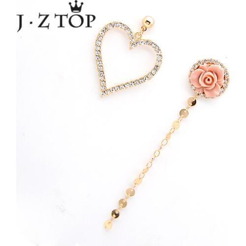 JZTOP Cute Pink Flowers Heart Asymmetry Drop Earrings Woman Luxury Crystal Tassel Long Dangle Earring Female Wedding Jewelry