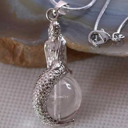Fashion Natural Stone White Crystal Quartz Bead Mermaid Pendant For Woman E851