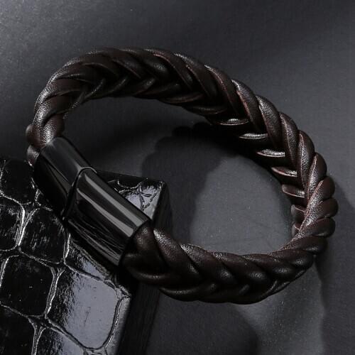 MOZO FASHION 2020 Women Bracelet Black/Brown Leather Men Stainless Steel Magnetic Buckle Bracelets Punk Jewelry Gifts 005