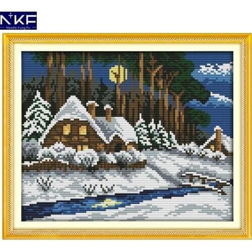 NKF Winter Fairy Tale House Pattern Handmade Craft Cross Stitch Set Embroidery Kit Printed Stitching Cross Stitch Home Decor