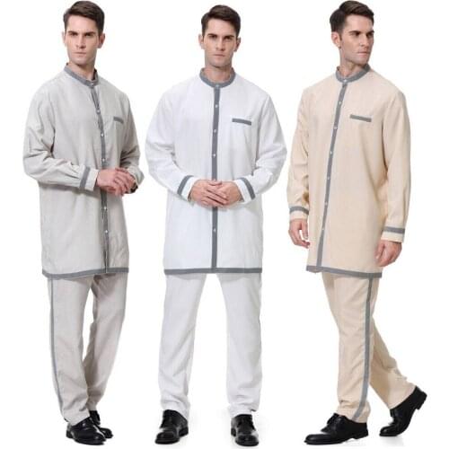 Ramadan Muslim Men Jubba Thobe 2 Piece Set Saudi Arabia Djellaba Pakistan Kaftan Dubai Abaya Tops&pant Islamic Worship Service
