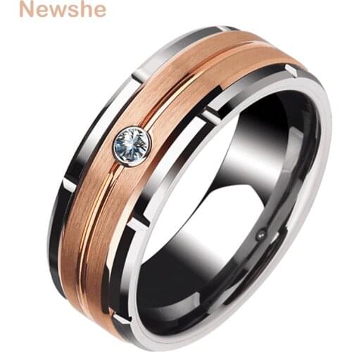 Newshe Mens Charm Wedding Band 8mm Tungsten Carbide Promise Rings For Men Brown Color White Zircon Jewelry TRX051 Size 8-13