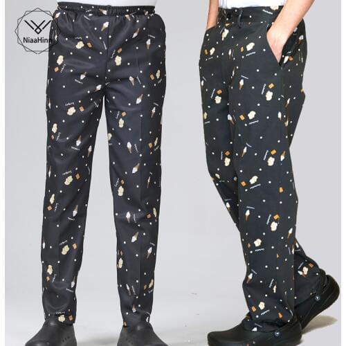 Food service icecream printing restaurant kitchen adjustable waistband chef pants for men and women pure cotton cook trousers