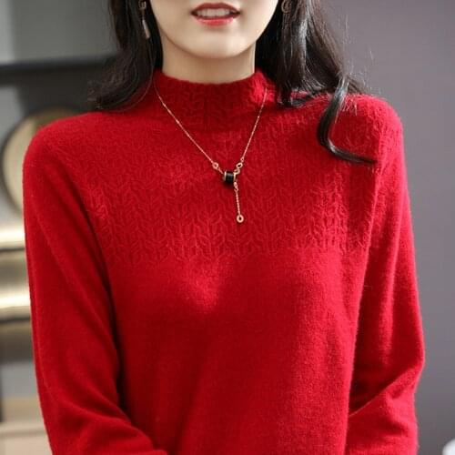 Autumn and winter new pure wool sweater women half high neck hollow loose solid color large size short pullover knitted sweater