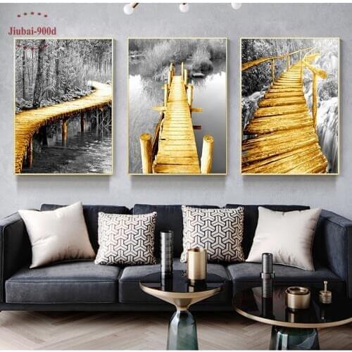 Nordic landscape Poster Canvas Painting Gold Bridge Maple Poster and Prints Wall Pictures for Living Room Home Decor Wall Art