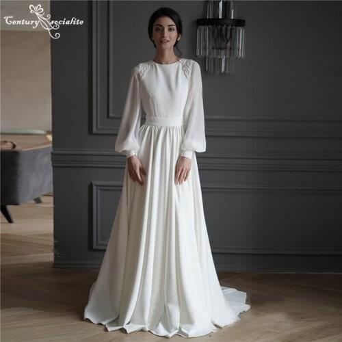 Simple Wedding Dresses 2021 Beaded Long Sleeve O-Neck Backless A-Line Boho Bride Dress Muslim Bridal Gowns Vestido De Noiva