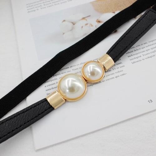 New Women Double Pearl Belt Female Black Red White PU Leather Dress Skirt Waist Elastic Thin Belts Ladies Designer Waistband