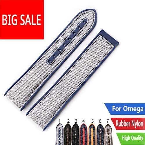 CARLYWET Watch Band 20 22mm White Blue Strap Rubber Silicone With Nylon Replacement Belt For Omega Planet Ocean 45 42mm Strap