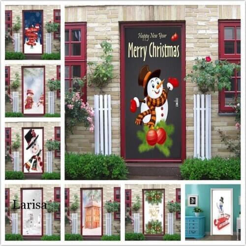 Self Adhesive Children Room Home Decor 3D Pvc Door Sticker Print Waterproof Snowman Wallpaper Merry Christmas Suits Wall Art