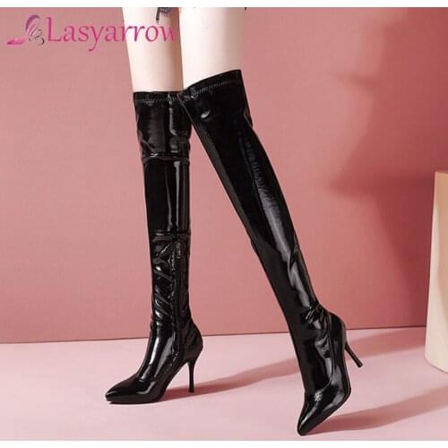 Lasyarrow Patent PU Leather Pointed Toe Thin High Heels Stripper Club Heels Stretch Booties Over-the-knee Womens Overknees Boots