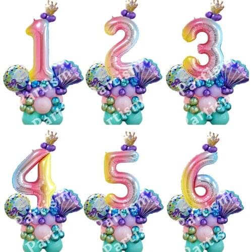 38pcs Mermaid Tower Balloons Rainbow Number Digital Foil Balloon With Crown Kids Birthday Party Decoration Anniversary Supplies