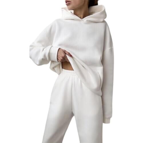 Womens Tracksuit Long Sleeve Sweatshirt Warm Solid Color Hoodie Pants Outfit for Autumn Winter 2 Piece Set Sport Suit Oversized