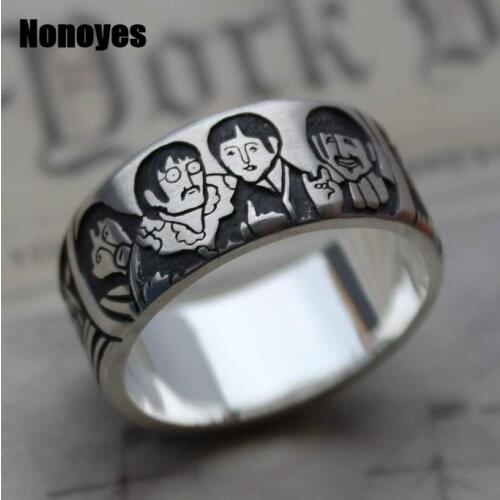 Unique Fashion Silver Mens Rings Vintage Hand-painted Rock Band Rings Cartoon Figure Statue Jewelry Men Hip Hop Rock Party Rings