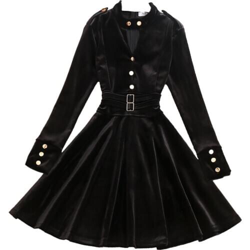 Vintage velvet dress women v-neck autumn winter black elegant long sleeve princess dress