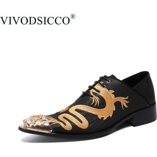VIVODSICCO New Red Wedding Shoes Men Oxfords Fashion Gold Dragon Embroidery Zapatos Hombre Genuine Leather Mens Dress Shoes Flat
