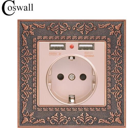 Coswall Zinc Alloy High-end Retro Panel 16A Gold EU Standard Power Wall Socket With Dual USB 2.1A Charging Port Embossed Panel