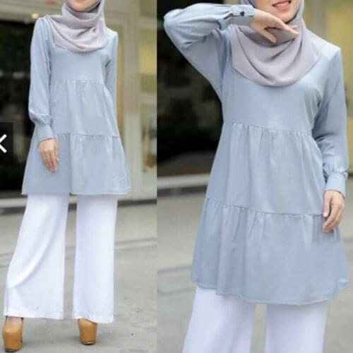 Women Muslim Long Sleeve Tunic Tops Flared Ruffles Hem Solid Color Pullover Loose Shirt Autumn Islamic Turkey Abaya Dubai Vinta