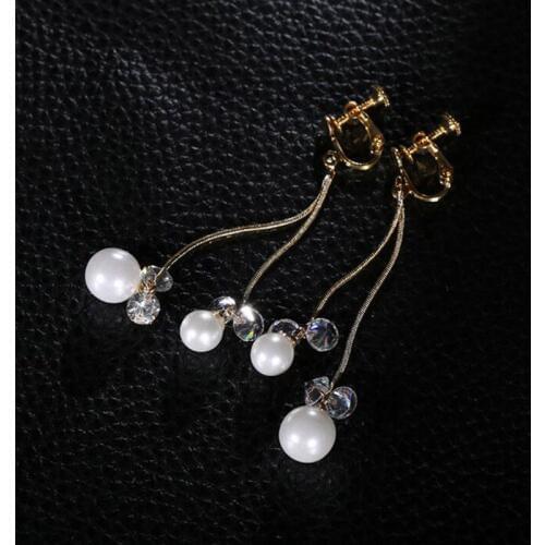Grace Jun High-grade Pearls Cubic Zircon Long Tassel Clip on Earrings Without Piercing for Women Elegant Jewelry Ear Clip Bijoux