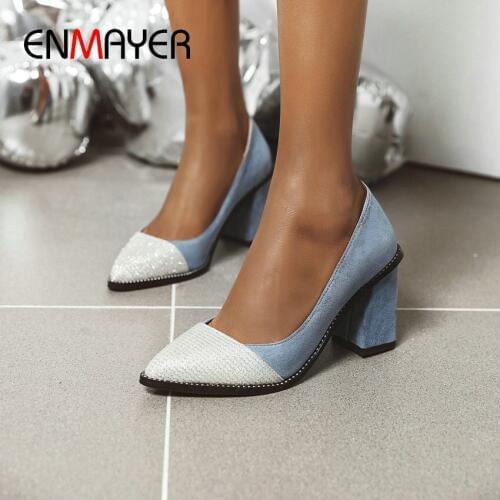 ENMAYER 2020 Women High Heels Sexy PU Flock Elegant Pointed Toe Slip-On Square High Heels Basic Party Fashion Pumps Size 34-43