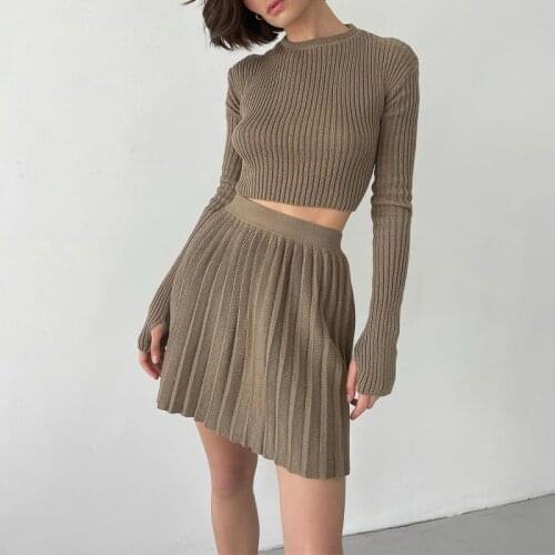 Knitted Suit With Skirt Women Solid 2021 Autumn Mini Pleated Skirt And Long Sleeve Slim Crop Pullover Lady 2 Pieces Sets Fashion