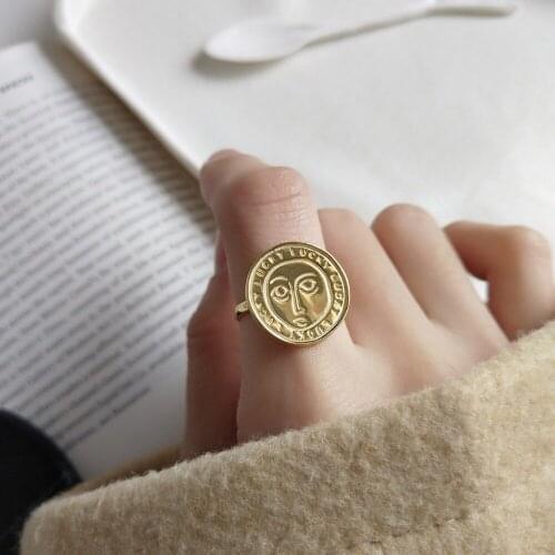 Ladys Authentic S925 Sterling Silver Fine Jewelry Golden art face rings Nordic style creative funny J356