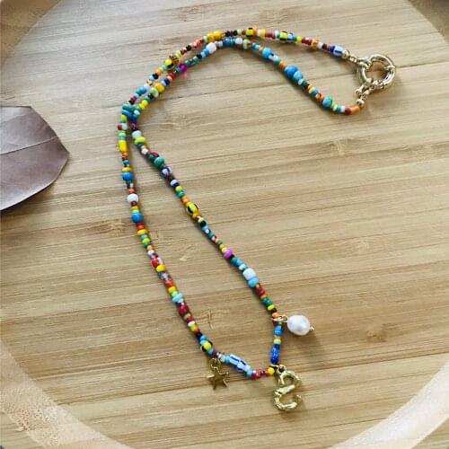 Unique letter pendant necklace handmade colorful rice beads mix and match choker for women name necklace friend birthday gift