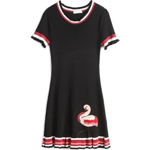 PERHAPS U Black Pink White Flamingo Embroidery O Neck Ruffle Short Sleeve Knitting A-line Mini Dress Women Summer D1563