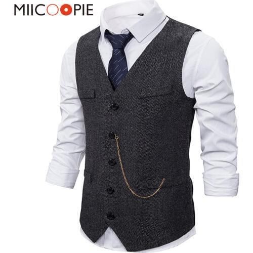 Formal Mens Suit Vest 2020 New Casual Chain Solid Color Business Tweed Vest Gilet Homme Costume Waistcoat For Wedding Groomsmen