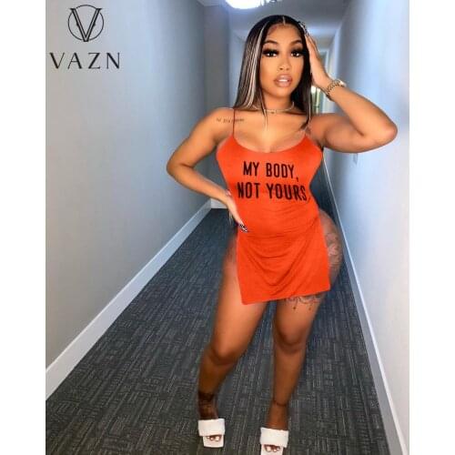 VAZN 2021 European and American Womens Sexy Nightclubs Halter With Open Back Slits Letter Print Dress