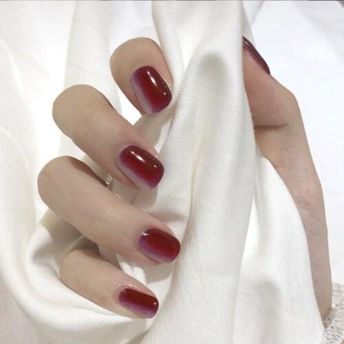 24pcs/box with 2g glue short Gradient Red Full Fake Nails press on Fashion Women DIY square Artificial Nail Patches for girls