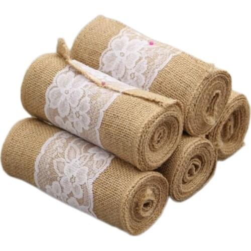 94PF Jute Burlap Roll With White Lace Vintage Decorative Craft Ribbon Table Sash Decor For Chair Wedding Home