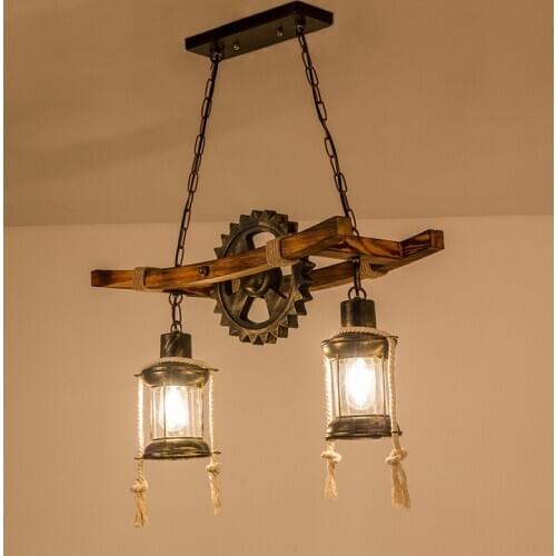 American light vintage chandelier retro Cafe Bar Restaurant wooden loft pendant lamp gear industrial hanging glass light WF1029