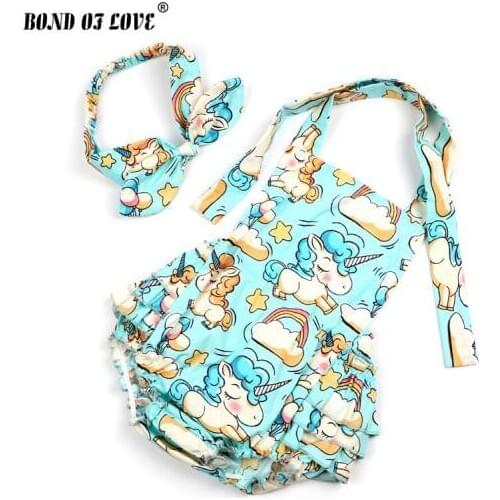 Baby Girl clothes Child Cotton Bodysuit Ruffled Cartoon pattern baby bodysuit & Headband Set Newborn Photography Props