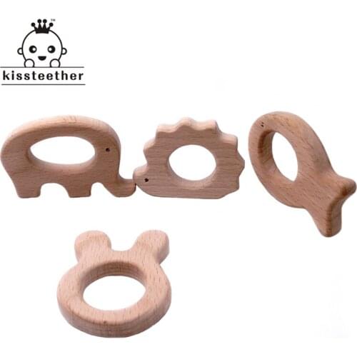 DIY Baby Teether Toys Organic Natural Beech Wooden Fish-Rabbit-Hedgehog-Elephant Hand Cut Grasping Toys Baby Wooden Teether Gift