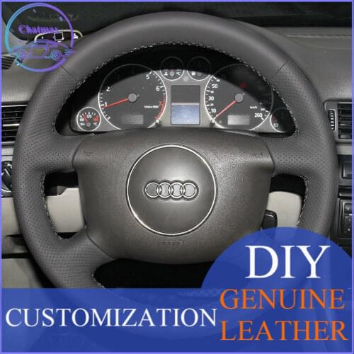 DIY For Audi A4 2003 2004 2005 2006 2007 Hand Stitch Car Steering Wheel Cover Black Genuine Leather Holder