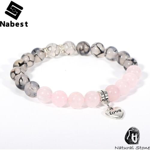 Women Girls Natural Stone Pink Purple Crystal Bracelet Black Dragon Vein Agates Beads Heart Clover Charm Wrist Chain Jewelry
