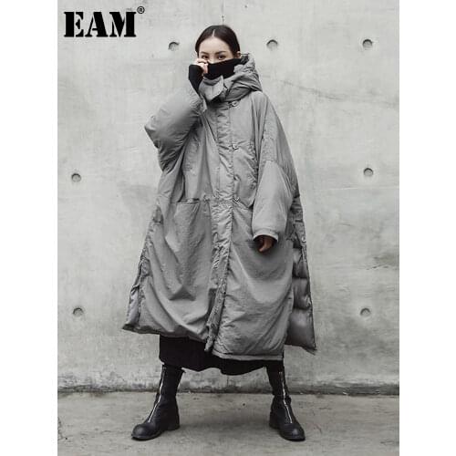 [EAM] Hooded Cotton-padded Gray Oversize Long Warm Coat Long Sleeve Loose Fit Women Parkas Fashion Spring Autumn 2021 JE02002