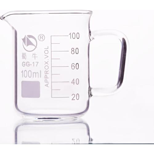 With handle beaker in low form,Capacity 100ml,Outer diameter=52mm,Height=72mm,Laboratory beaker with handle