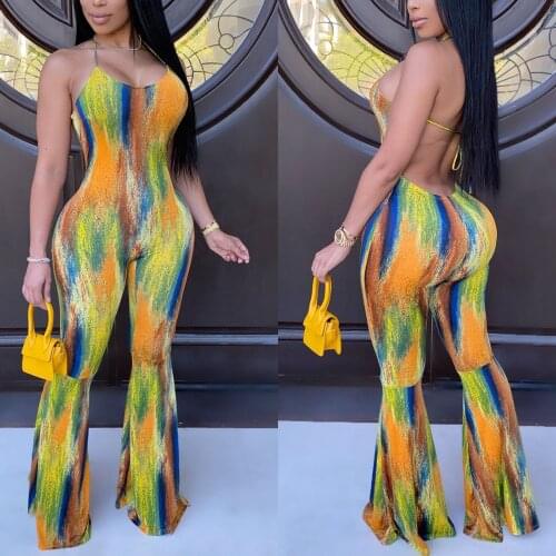 FUFUCAILLM Women Sexy Backless Jumpsuit Tie Dye Sleeveless Halter Flare Jumpsuits Overalls Rompers Club Party Outfits Streetwear