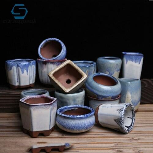 Ceramic Succulent Flower Pot Polygonal Purple Clay Pot Simple Home Garden Creative Bonsai Pot Thumb Basin