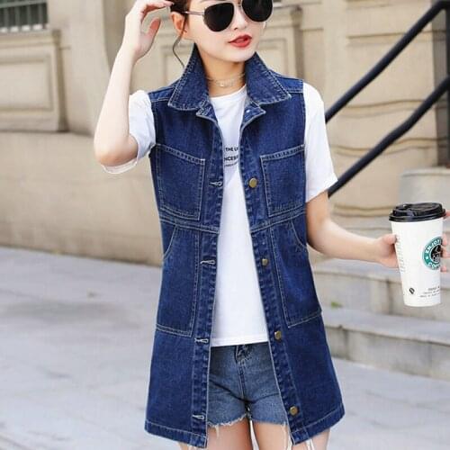Korean Tassel Ripped Jeans Jacket Waistcoat 2021Autumn New Women Long Denim Vest Plus Size 6XL Casual Sleeveless Pocket Outwear