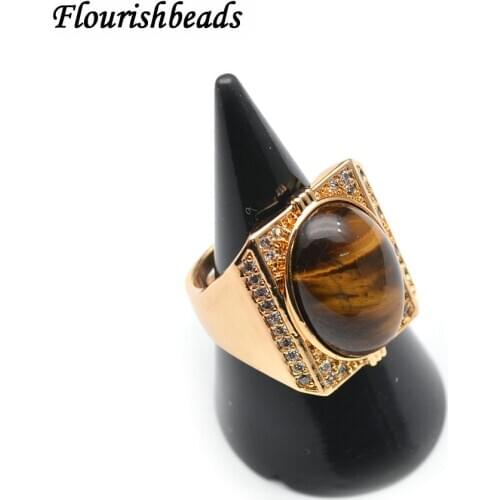 Fashion Unisex Gemstone Rings Natural Agate Cabochon CZ Beads Setting Party Jewelry Size Adjustable Gold Color Circle Bands Gift